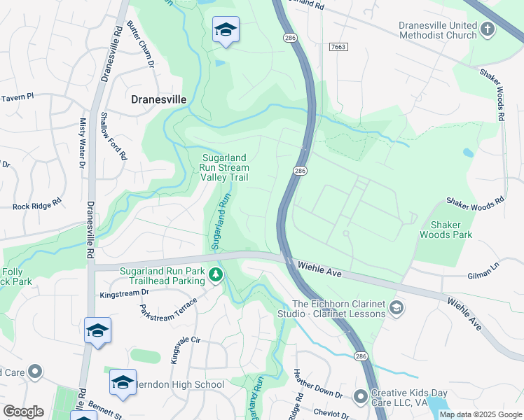 map of restaurants, bars, coffee shops, grocery stores, and more near 12100 Sandy Court in Herndon