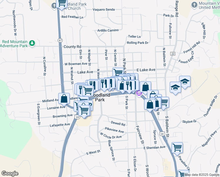 map of restaurants, bars, coffee shops, grocery stores, and more near 205 Pine Street in Woodland Park