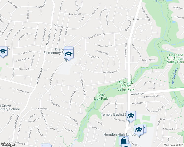 map of restaurants, bars, coffee shops, grocery stores, and more near 12583 Rock Ridge Rd in Herndon