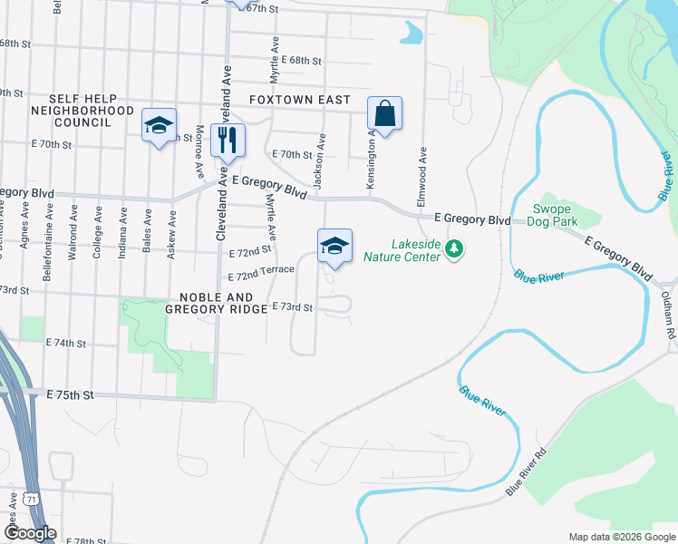 map of restaurants, bars, coffee shops, grocery stores, and more near 7227 Jackson Avenue in Kansas City