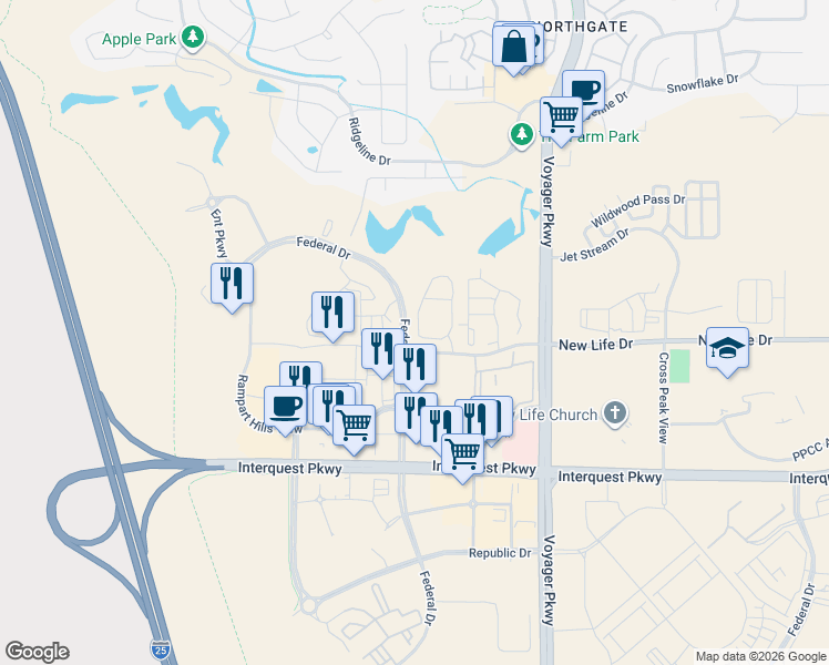 map of restaurants, bars, coffee shops, grocery stores, and more near 11320 Modern Meadow Loop in Colorado Springs