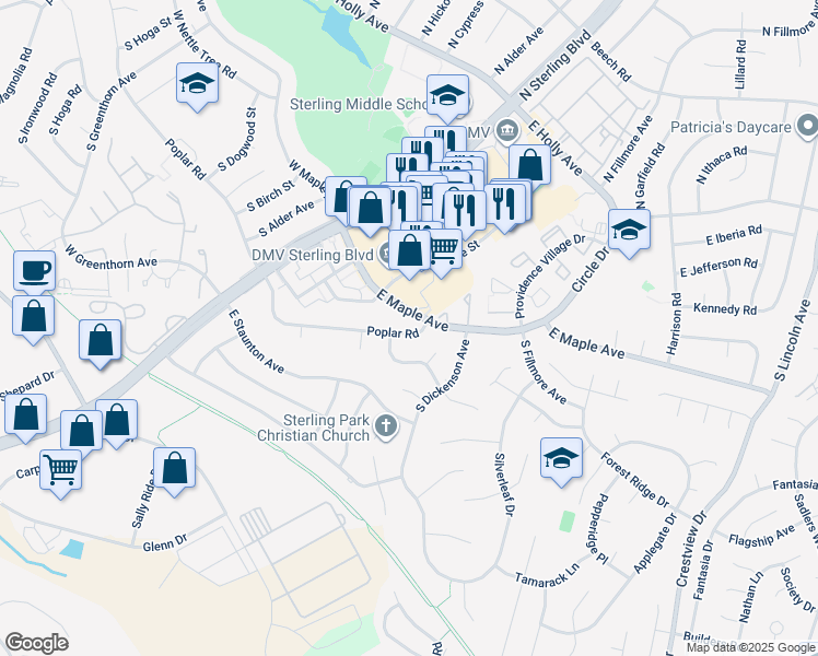 map of restaurants, bars, coffee shops, grocery stores, and more near 605 West Poplar Road in Sterling