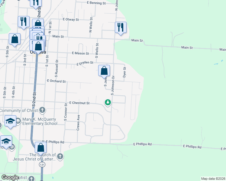 map of restaurants, bars, coffee shops, grocery stores, and more near 404 South Jennings Street in Odessa