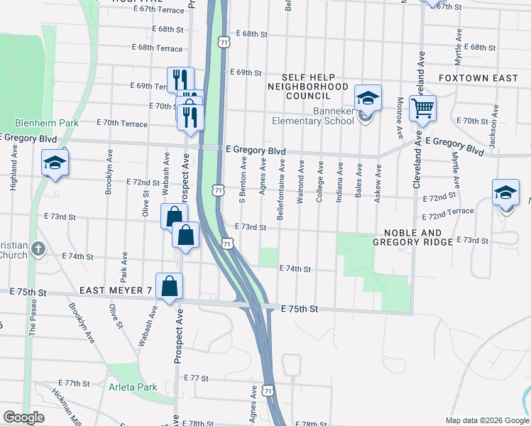 map of restaurants, bars, coffee shops, grocery stores, and more near 7212 Agnes Avenue in Kansas City