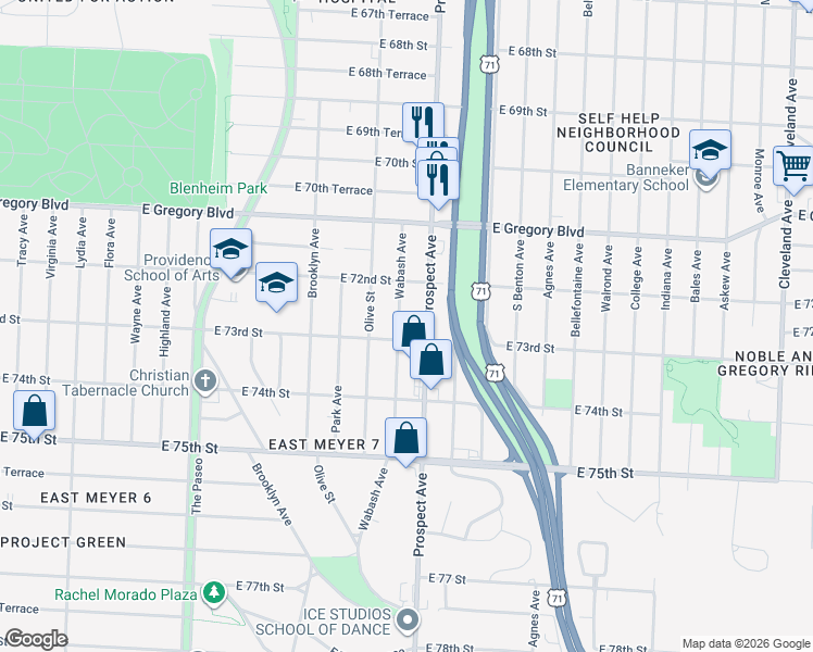 map of restaurants, bars, coffee shops, grocery stores, and more near 7220 Wabash Avenue in Kansas City
