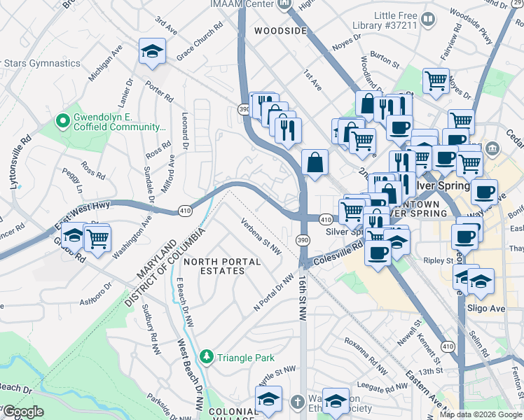 map of restaurants, bars, coffee shops, grocery stores, and more near 1716 East-West Highway in Silver Spring