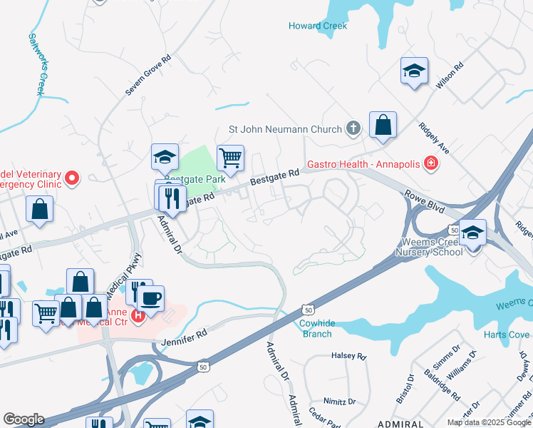 map of restaurants, bars, coffee shops, grocery stores, and more near 2013 Warners Terrace South in Annapolis