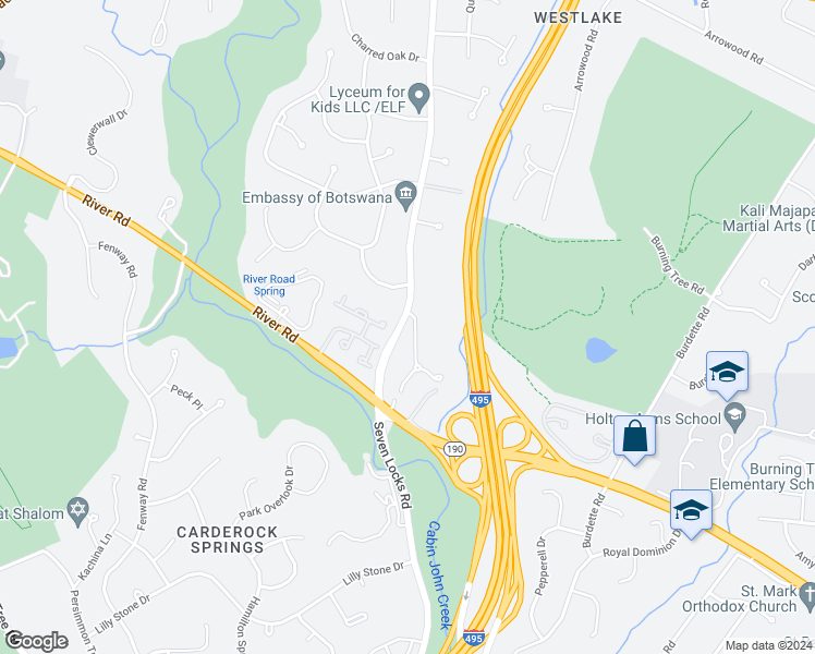 map of restaurants, bars, coffee shops, grocery stores, and more near 8408 Old Seven Locks Road in Bethesda