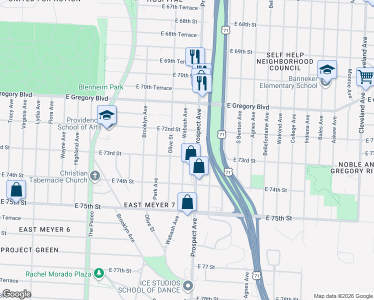 map of restaurants, bars, coffee shops, grocery stores, and more near 7220 Wabash Avenue in Kansas City