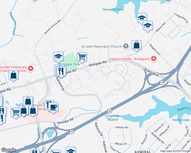 map of restaurants, bars, coffee shops, grocery stores, and more near 2013 Warners Terrace South in Annapolis