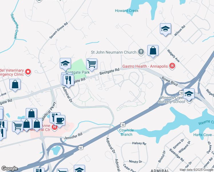 map of restaurants, bars, coffee shops, grocery stores, and more near 2013 Warners Terrace South in Annapolis