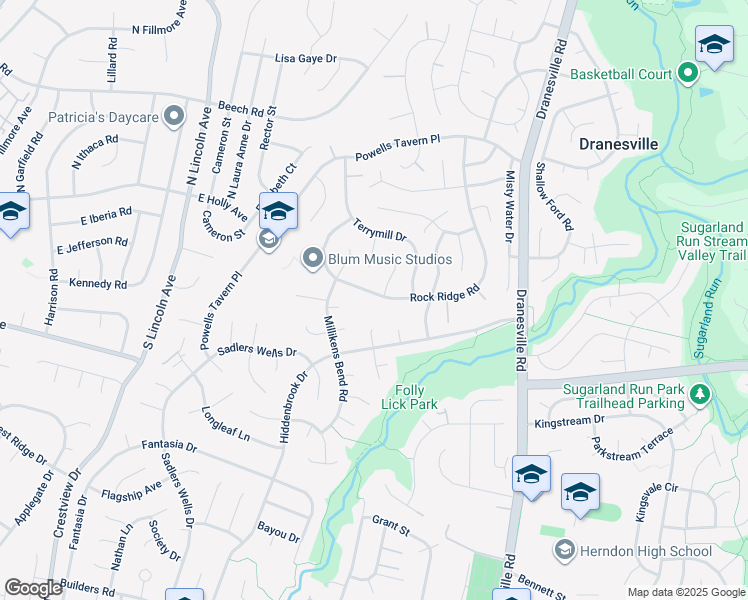 map of restaurants, bars, coffee shops, grocery stores, and more near 12583 Rock Ridge Road in Herndon