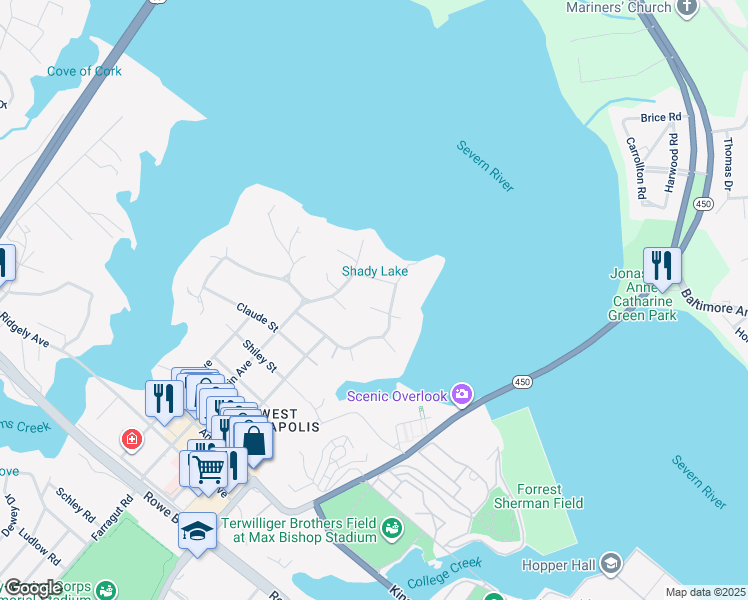 map of restaurants, bars, coffee shops, grocery stores, and more near 4 Ridge Road in Annapolis