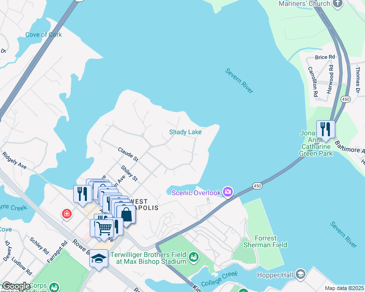 map of restaurants, bars, coffee shops, grocery stores, and more near 4 Ridge Road in Annapolis