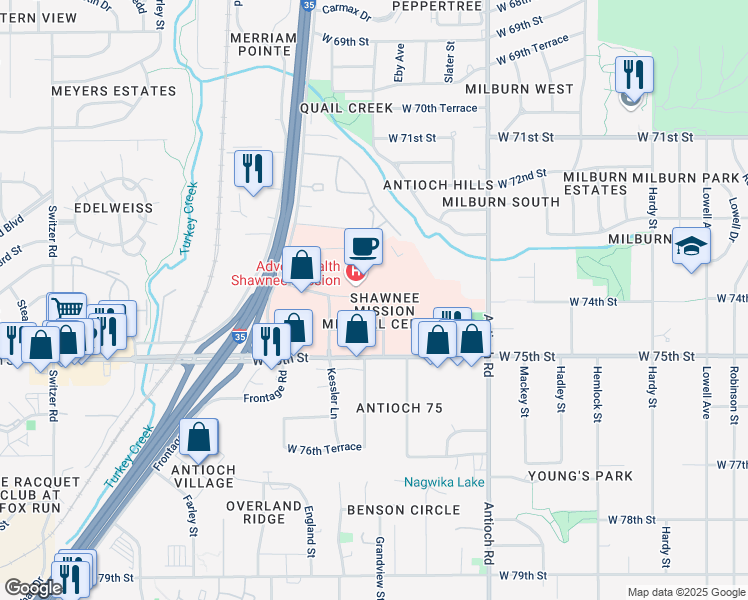 map of restaurants, bars, coffee shops, grocery stores, and more near 9100 West 74th Street in Merriam