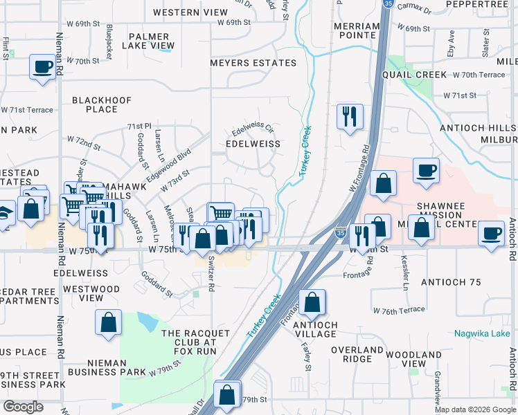 map of restaurants, bars, coffee shops, grocery stores, and more near 7350 Kings Cove Drive in Merriam
