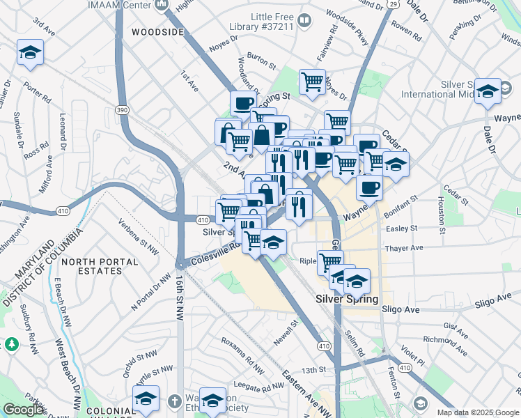 map of restaurants, bars, coffee shops, grocery stores, and more near 8405 Colesville Road in Silver Spring