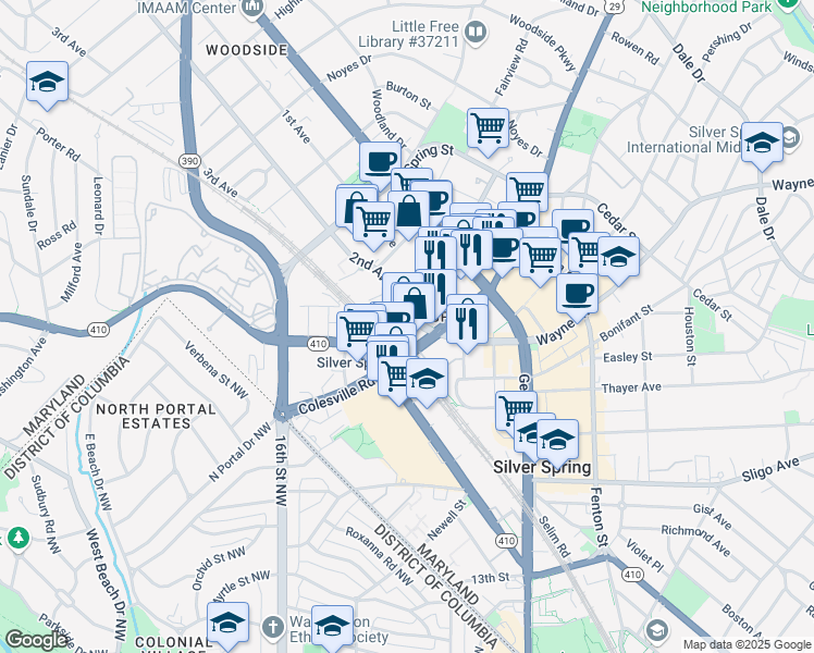 map of restaurants, bars, coffee shops, grocery stores, and more near 8405 Colesville Road in Silver Spring