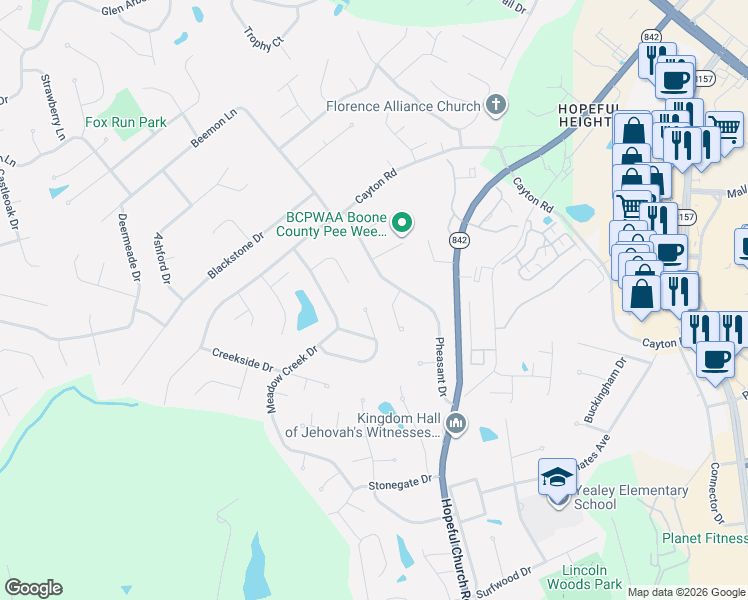 map of restaurants, bars, coffee shops, grocery stores, and more near 1196 Mosswood Court in Florence