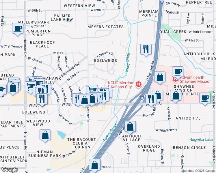map of restaurants, bars, coffee shops, grocery stores, and more near 7350 Kings Cove Drive in Shawnee