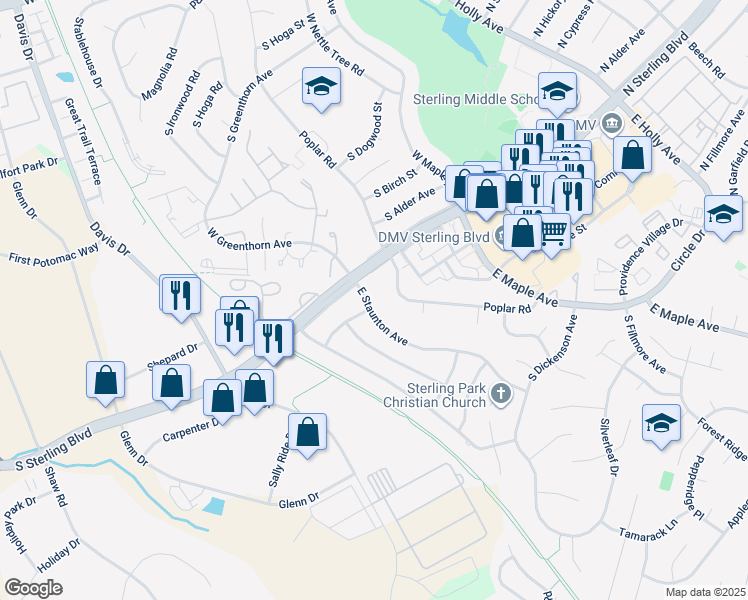 map of restaurants, bars, coffee shops, grocery stores, and more near 105 East Staunton Avenue in Sterling