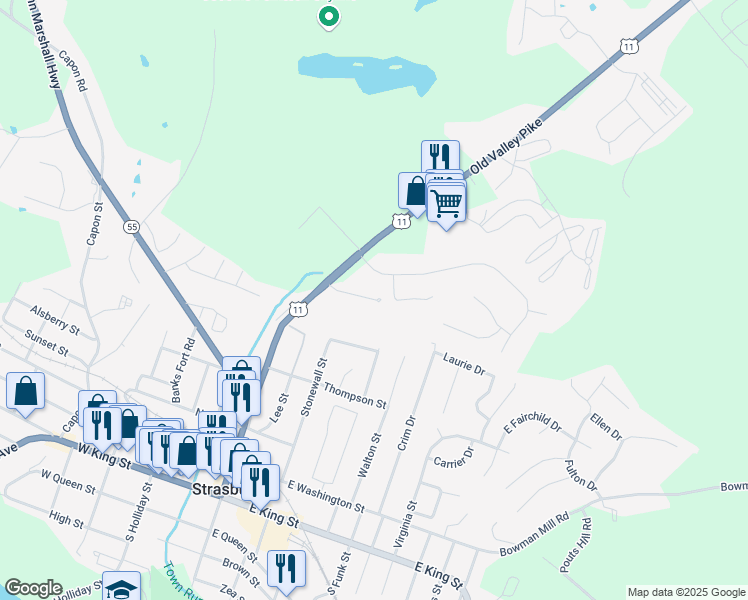 map of restaurants, bars, coffee shops, grocery stores, and more near 460 Forest Glen Court in Strasburg
