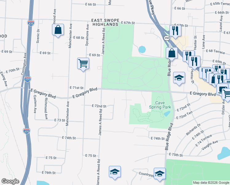 map of restaurants, bars, coffee shops, grocery stores, and more near 8311 East Gregory Boulevard in Kansas City