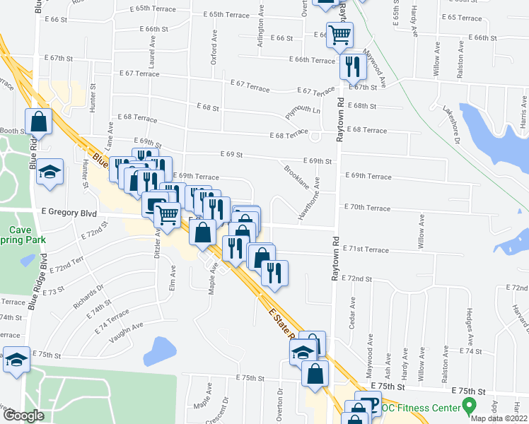 map of restaurants, bars, coffee shops, grocery stores, and more near 7016 Evanston Ave in Raytown