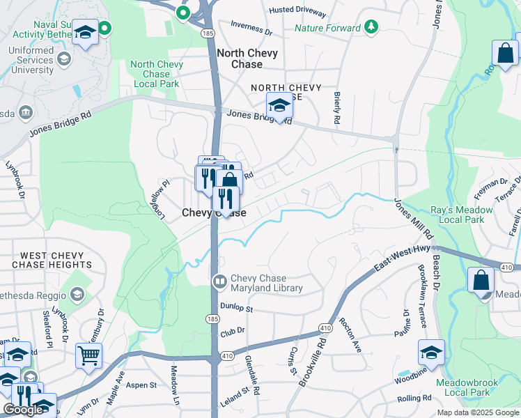 map of restaurants, bars, coffee shops, grocery stores, and more near 3719 Chevy Chase Lake Drive in Chevy Chase
