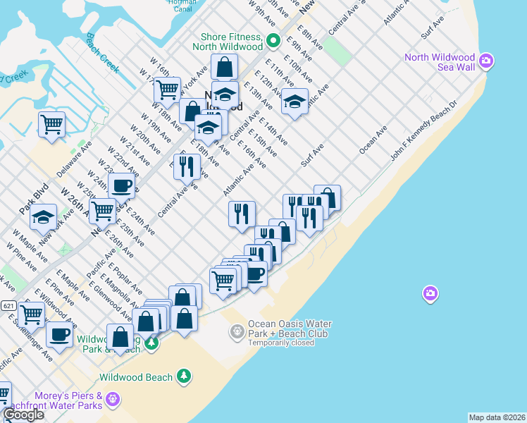 map of restaurants, bars, coffee shops, grocery stores, and more near 1706 Surf Avenue in North Wildwood
