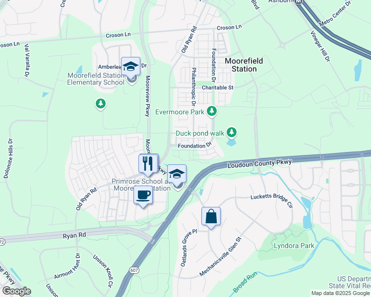 map of restaurants, bars, coffee shops, grocery stores, and more near 22480 Radford Point Terrace in Ashburn