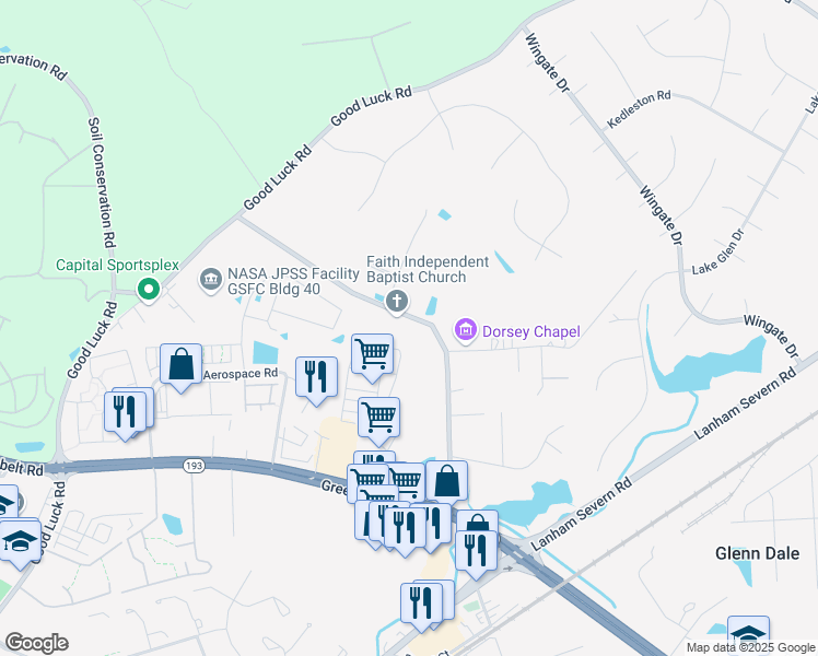 map of restaurants, bars, coffee shops, grocery stores, and more near 7616 Northern Avenue in Glenn Dale