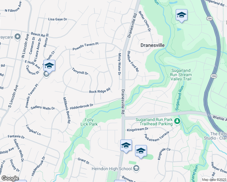 map of restaurants, bars, coffee shops, grocery stores, and more near 12535 Rock Ridge Road in Herndon