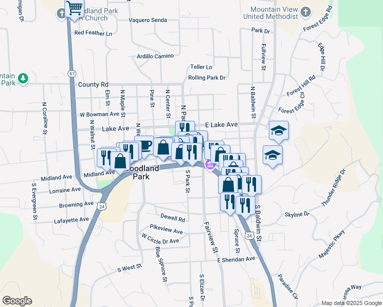map of restaurants, bars, coffee shops, grocery stores, and more near 120 East Henrietta Avenue in Woodland Park