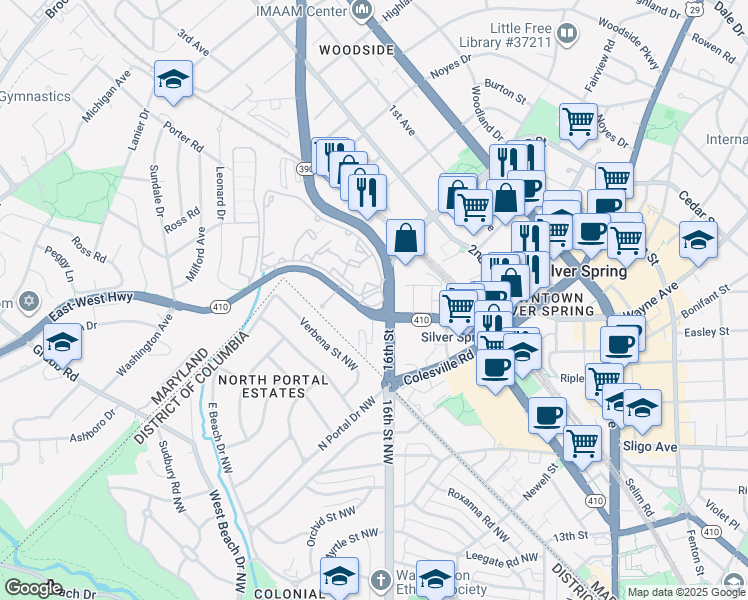 map of restaurants, bars, coffee shops, grocery stores, and more near 101 Independence Avenue Southeast in Washington
