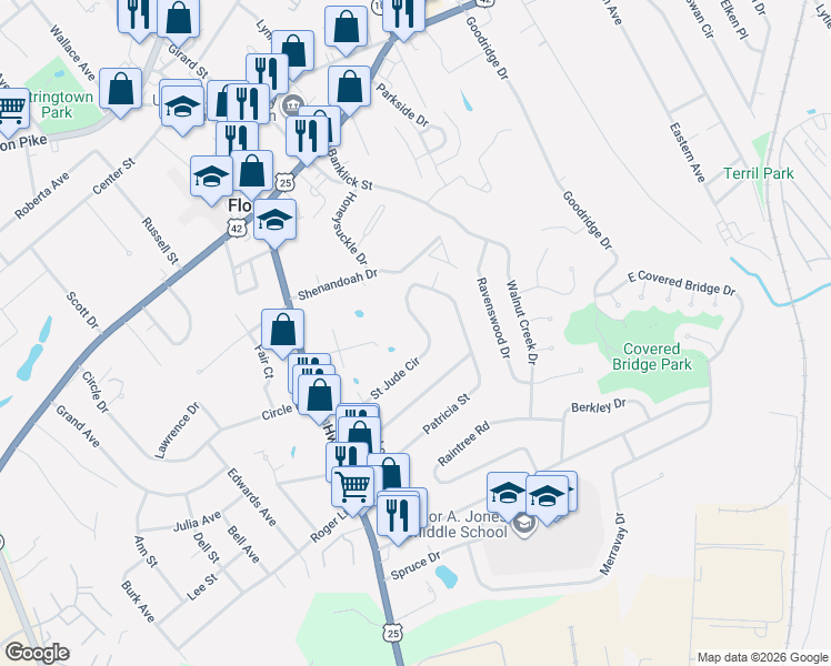 map of restaurants, bars, coffee shops, grocery stores, and more near 223 Saint Jude Circle in Florence