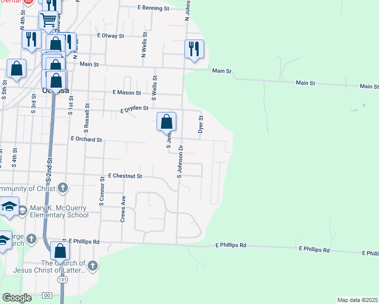 map of restaurants, bars, coffee shops, grocery stores, and more near 510 East Orchard Street in Odessa