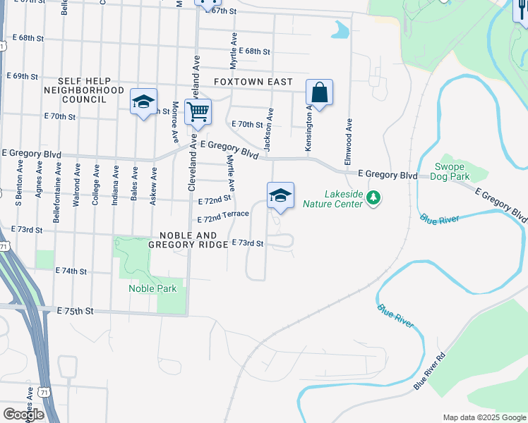 map of restaurants, bars, coffee shops, grocery stores, and more near 7203 Norton Avenue in Kansas City