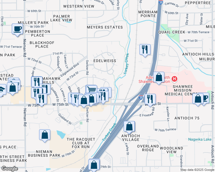 map of restaurants, bars, coffee shops, grocery stores, and more near 7300 Kings Cove Drive in Merriam