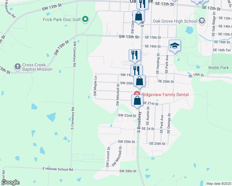 map of restaurants, bars, coffee shops, grocery stores, and more near 201 Southwest 20th Terrace in Oak Grove