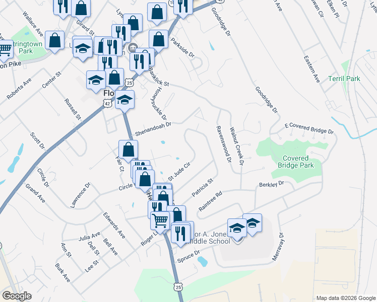 map of restaurants, bars, coffee shops, grocery stores, and more near 223 Saint Jude Circle in Florence