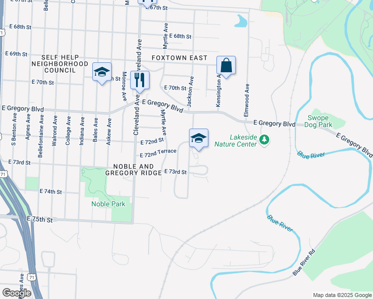 map of restaurants, bars, coffee shops, grocery stores, and more near 7203 Norton Avenue in Kansas City