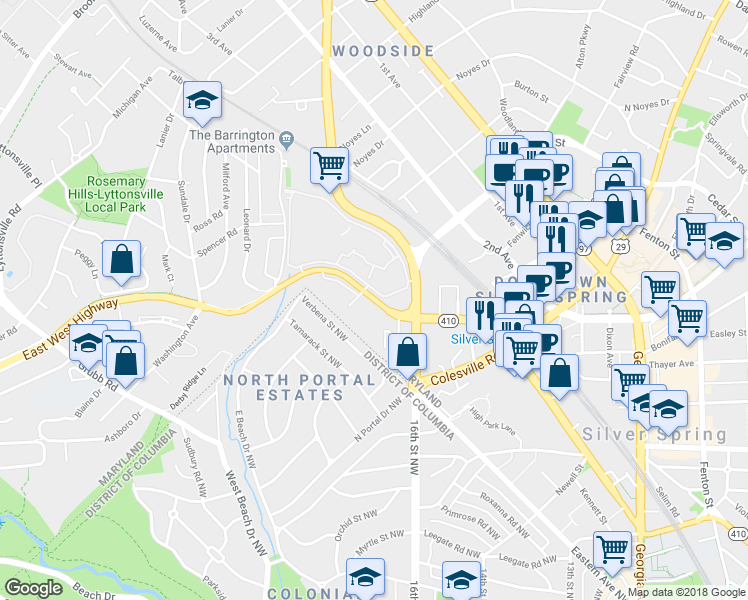 map of restaurants, bars, coffee shops, grocery stores, and more near 1716 East-West Highway in Silver Spring