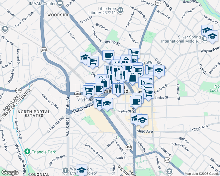 map of restaurants, bars, coffee shops, grocery stores, and more near 8507 Colesville Road in Silver Spring
