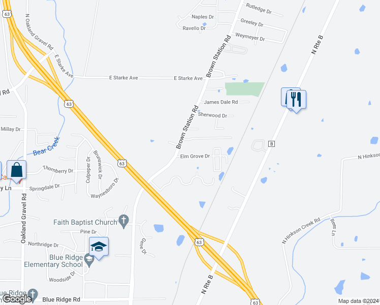 map of restaurants, bars, coffee shops, grocery stores, and more near 3211 Elm Grove Drive in Columbia