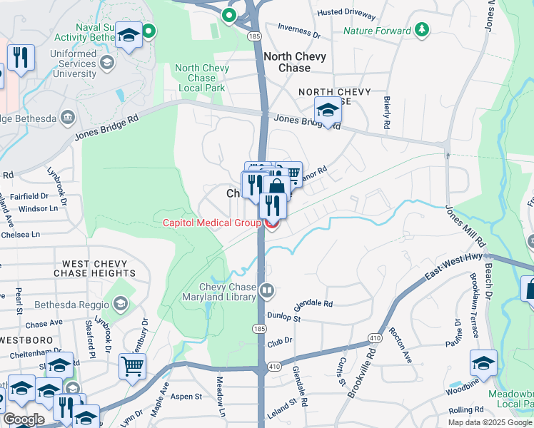 map of restaurants, bars, coffee shops, grocery stores, and more near 3820 Chaplin Place in Chevy Chase