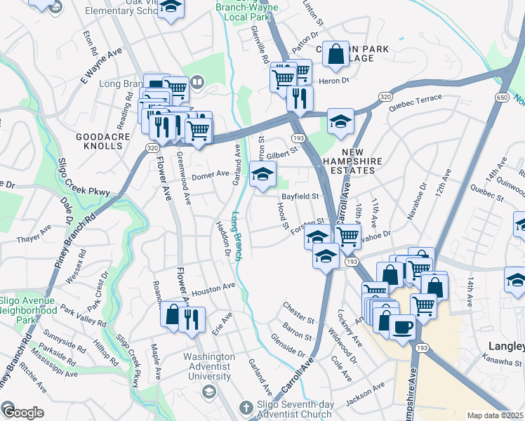 map of restaurants, bars, coffee shops, grocery stores, and more near 705 Bayfield Street in Takoma Park