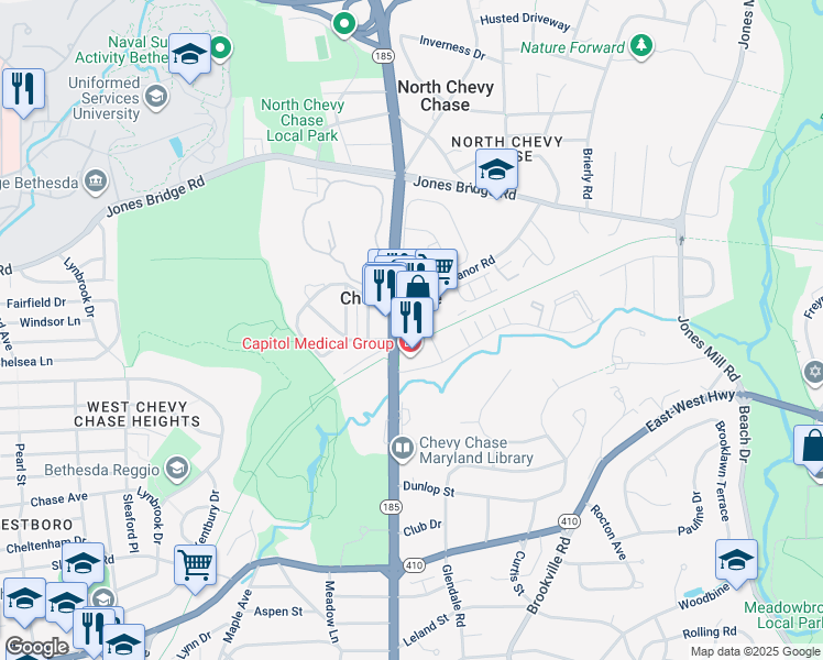 map of restaurants, bars, coffee shops, grocery stores, and more near 3820 Chaplin Place in Chevy Chase