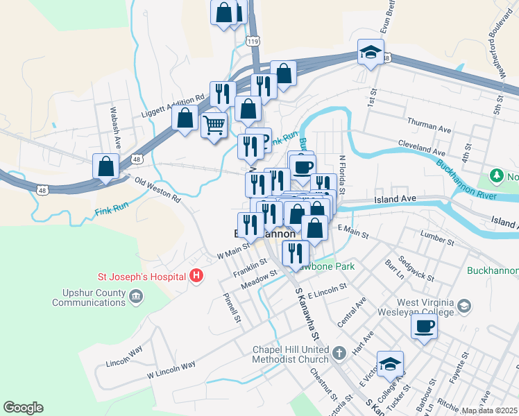 map of restaurants, bars, coffee shops, grocery stores, and more near 5 North Locust Street in Buckhannon