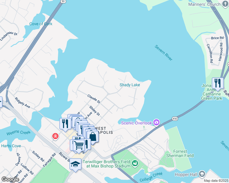map of restaurants, bars, coffee shops, grocery stores, and more near 112 Wardour Drive in Annapolis
